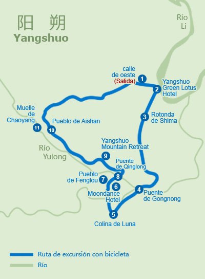 Mapa de excusión en bicicleta en Yangshuo