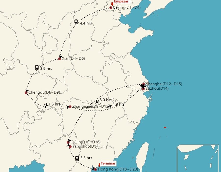 Mapa del viaje de 20 días a China